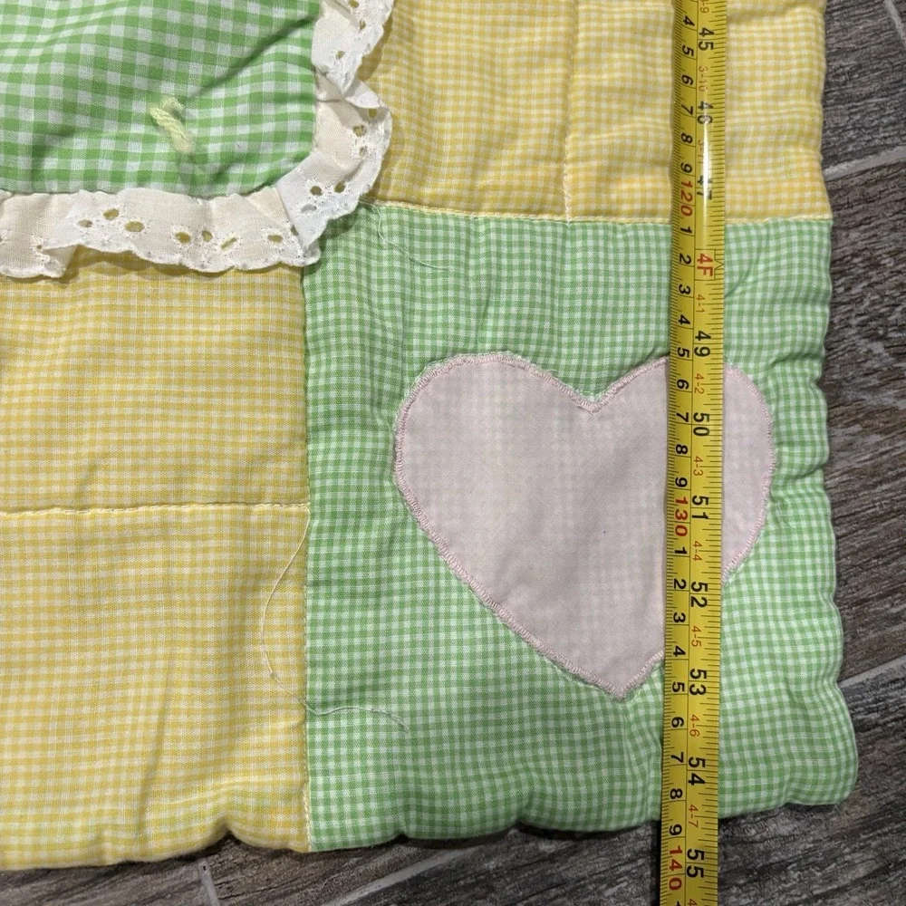 Vtg Mother Goose Baby Quilt Duck Gingham Lace Handmade Cottagecore Green Yellow